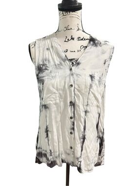Rock & Republic Black White Tie Dye Sleeveless Button Down Blouse Small